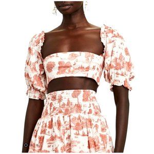 WEWOREWHAT Red And White Pastoral Print Smocked Coco Puff Sleeve Crop Top XS